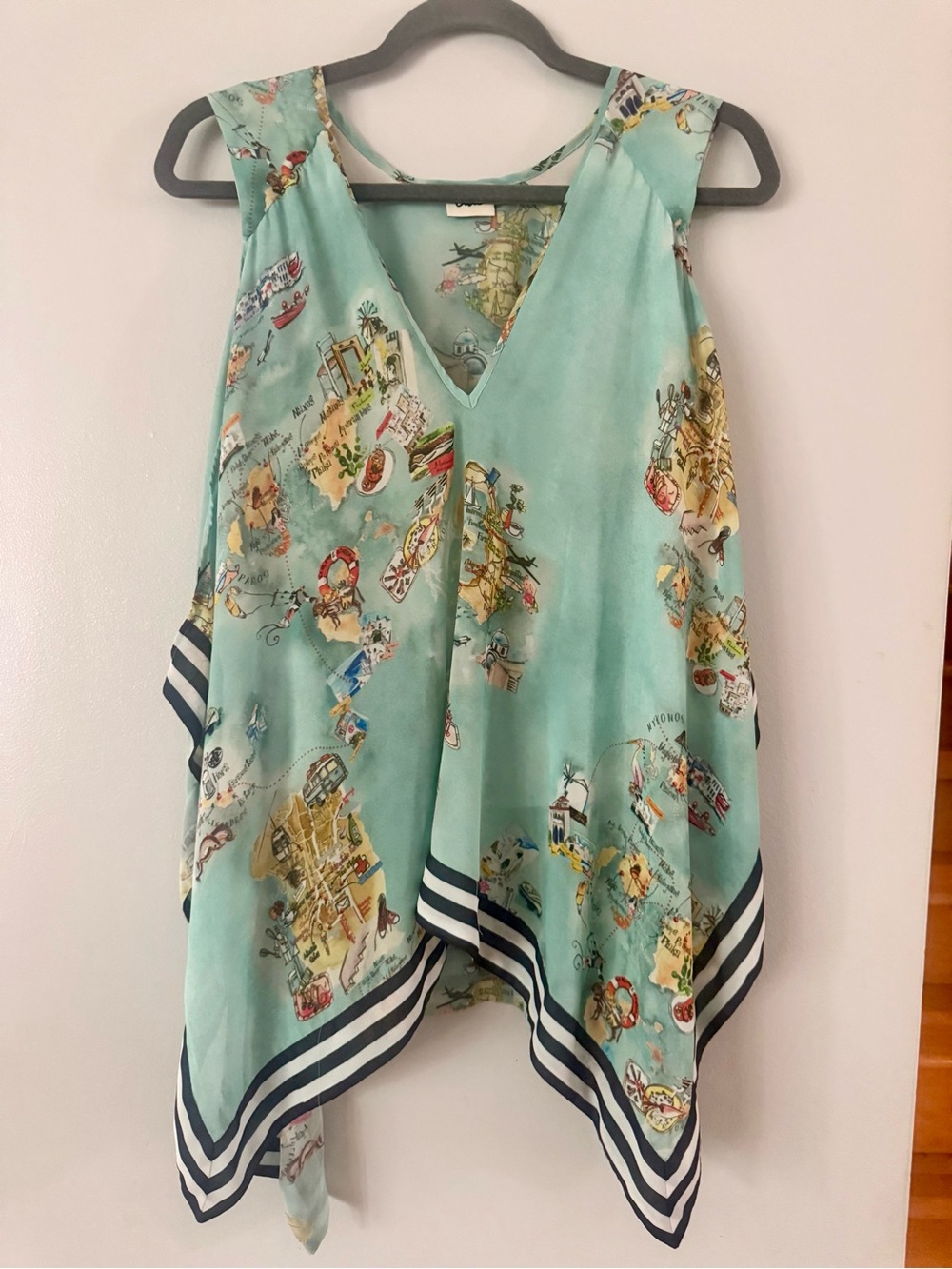 Beymen Club Mint Green Map Print Handkerchief Hem Poncho Top Size M